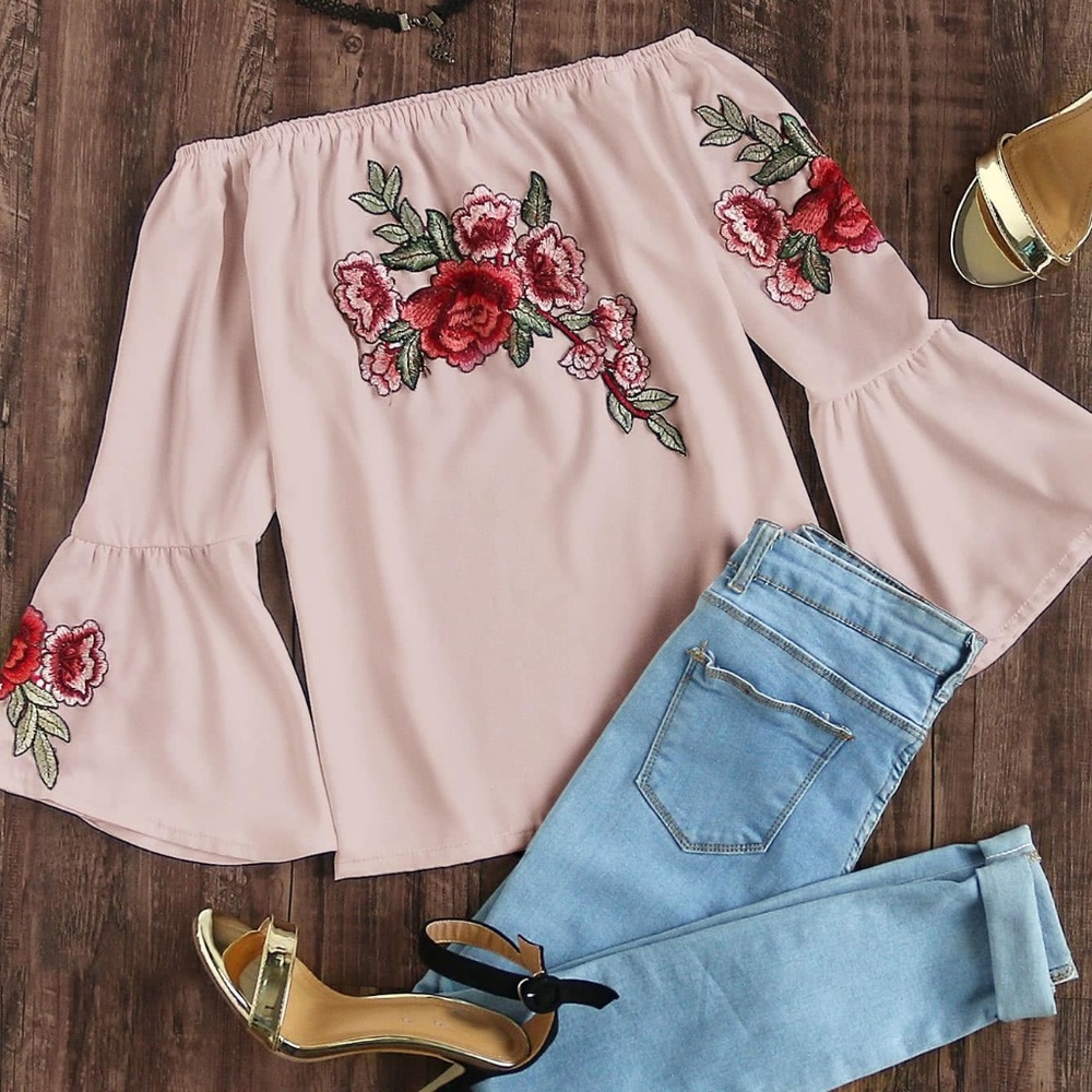 BARDOT BELL SLEEVE EMBROIDERED APPLIQUES TOP